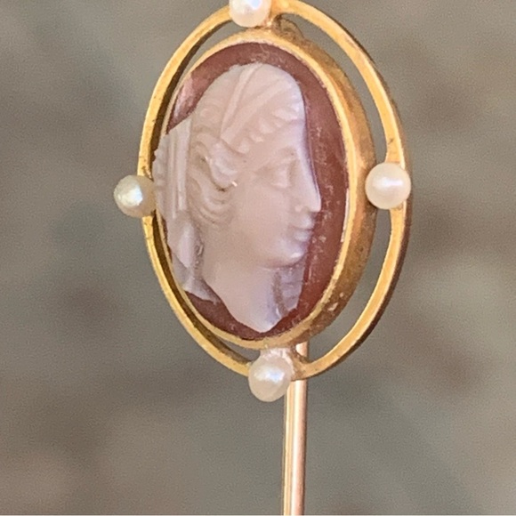 14k Gold Antique Cameo Stick Pin Pearls - Picture 4 of 6